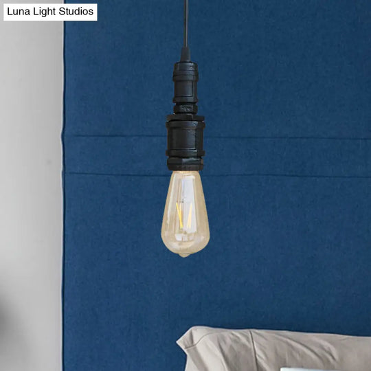 Rustic Black/Silver Wrought Iron Bare Bulb Hanging Light Fixture With Pipe - Bathroom Ceiling