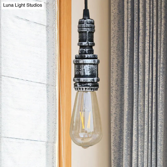 Rustic Black/Silver Wrought Iron Bare Bulb Hanging Light Fixture With Pipe - Bathroom Ceiling