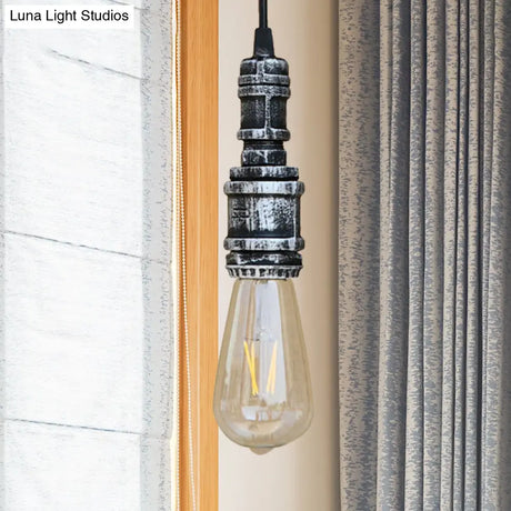 Rustic Black/Silver Wrought Iron Bare Bulb Hanging Light Fixture With Pipe - Bathroom Ceiling