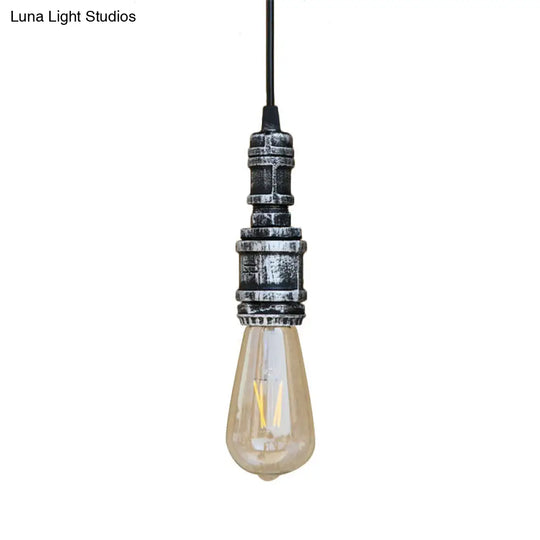 Rustic Black/Silver Wrought Iron Bare Bulb Hanging Light Fixture With Pipe - Bathroom Ceiling