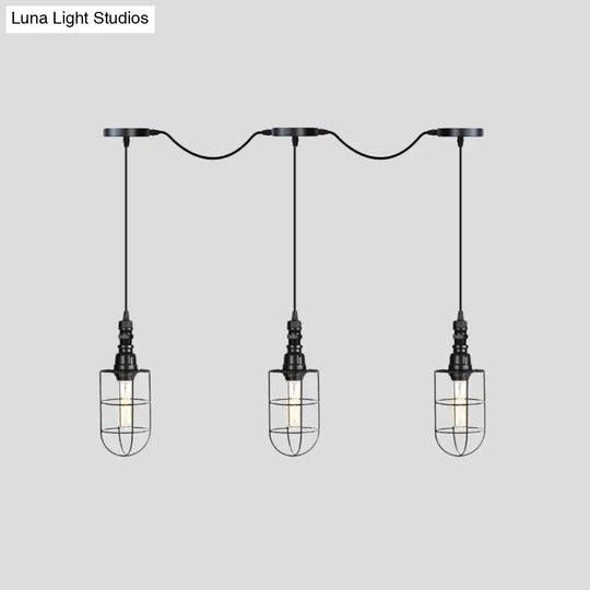 Rustic Black Wire Cage Pendant Lamp - Tandem Multi Ceiling Light Fixture With Iron Heads For