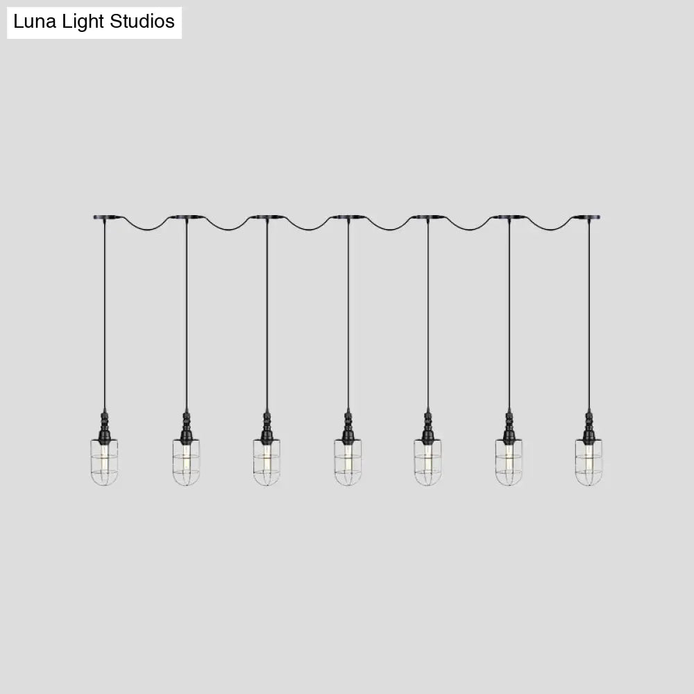 3/5/7-Head Iron Tandem Ceiling Light In Rustic Black Finish With Wire Cage - Perfect For Restaurants
