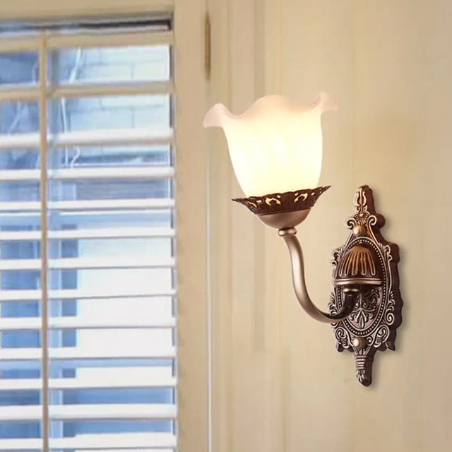 Rustic Blossom Wall Lamp With Opaline Glass Mount - Brown Ideal For Living Room 1 /