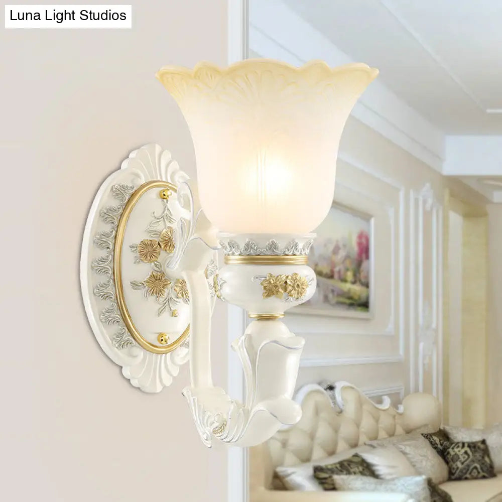 Rustic Blossom Wall Mount Light With Frosted Glass Sconce - Single Bulb Carved Design White