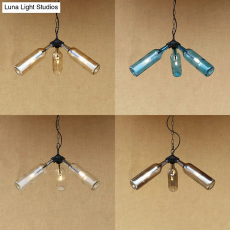 Rustic Blue/Clear Glass Pendant Light Fixture With Chain - Stylish 3 Bulbs Bottle Chandelier Lamp