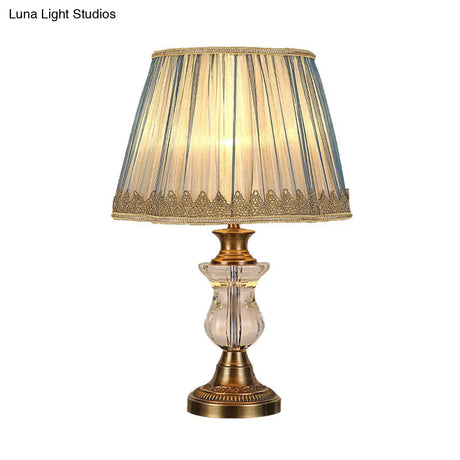 Rustic Blue Fabric Nightstand Light With Crystal Accent For Bedroom