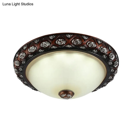 Rustic Bowl White Glass Flush Mount Lamp With Rose Pattern Trim - 2/3 - Bulb Light Fixture