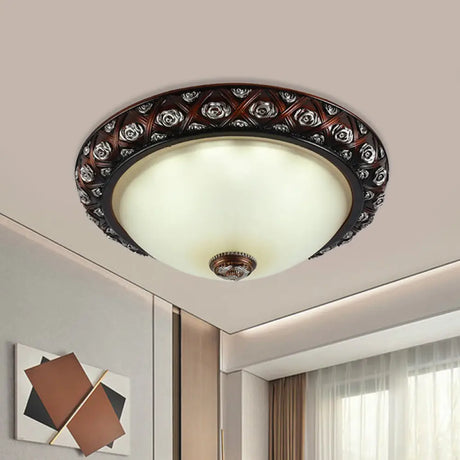 Rustic Bowl White Glass Flush Mount Lamp With Rose Pattern Trim - 2/3 - Bulb Light Fixture