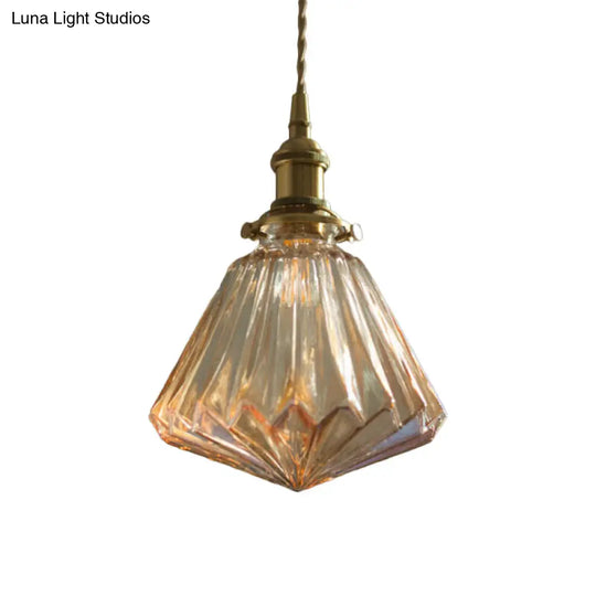 Rustic Brass 1-Light Pendant With Cone Drop Brown/Clear Glass Ceiling Hang Lamp
