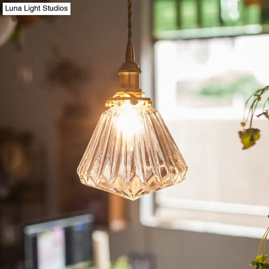 Rustic Brass 1-Light Pendant With Cone Drop Brown/Clear Glass Ceiling Hang Lamp Clear