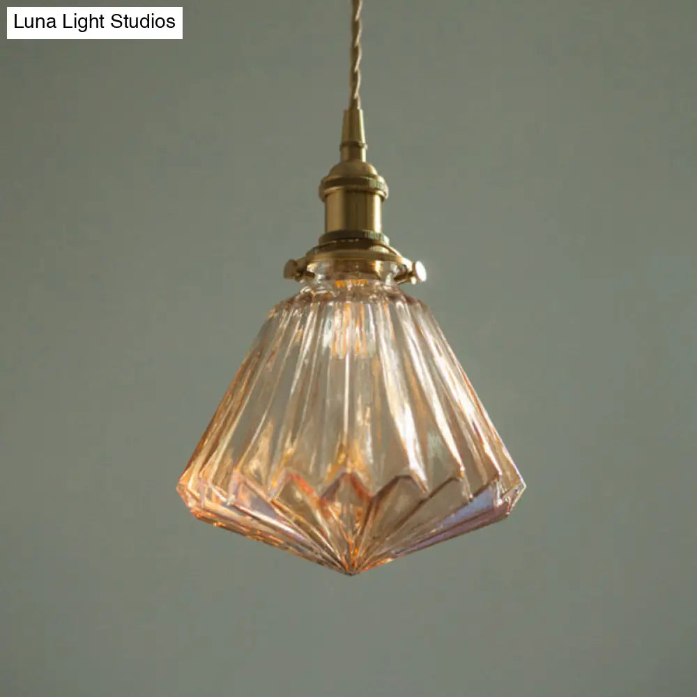 Rustic Brass 1-Light Pendant With Clear Glass Shade - Hanging Cone Drop Lamp