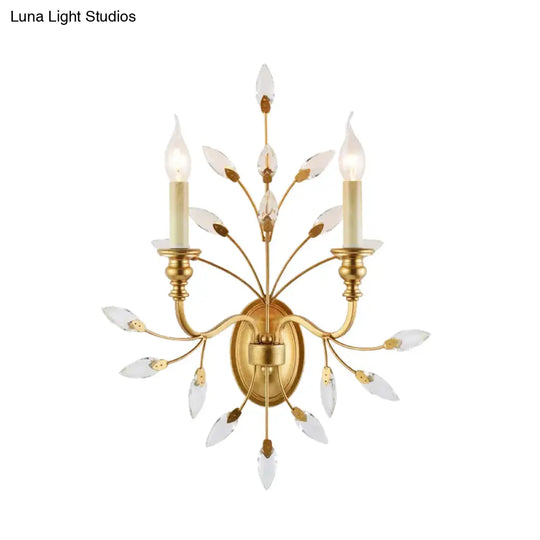 Rustic Brass Branch Wall Mount Light With Crystal Leaf Decoration - 2