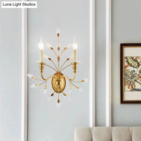 Rustic Brass Branch Wall Mount Light With Crystal Leaf Decoration - 2