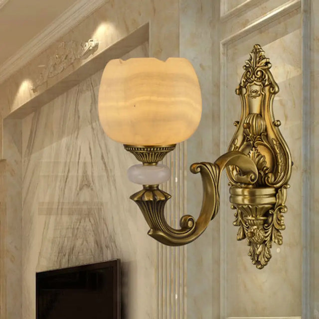 Rustic Brass Finish 1-Head Wall Sconce With Arched Arm - Flower Mount Lighting / A