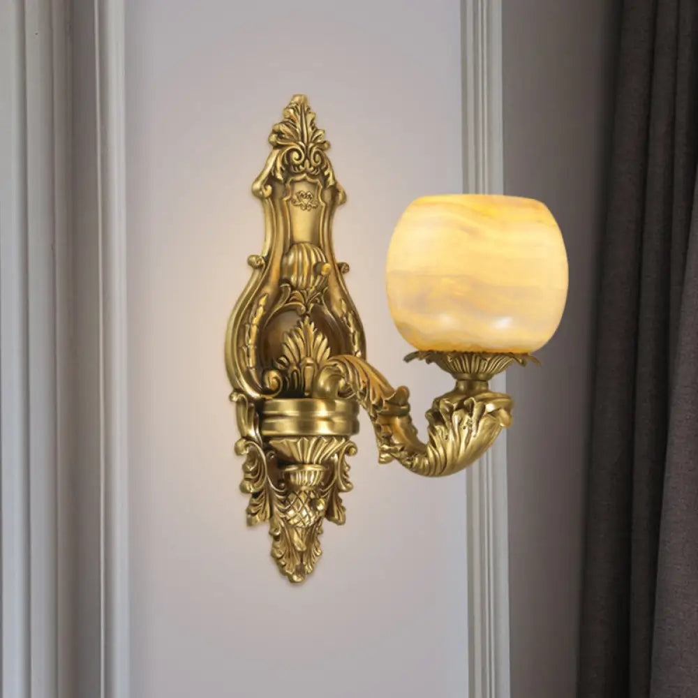 Rustic Brass Finish 1-Head Wall Sconce With Arched Arm - Flower Mount Lighting / B