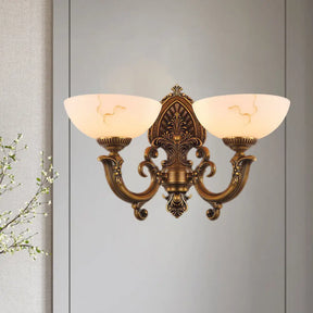 Rustic Brass Finish Glass Wall Lamp With Swirled Arm - 2 Heads Bowl Mount Lighting