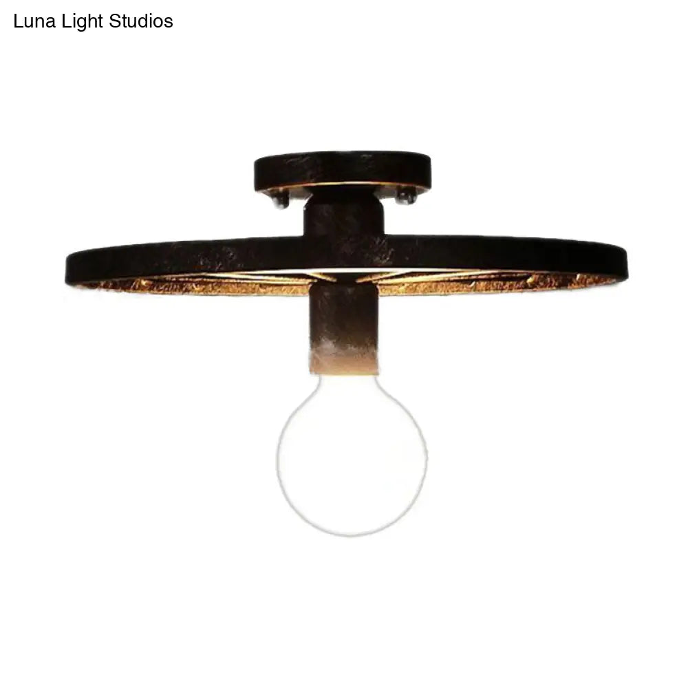 Rustic Brass Finish Semi-Flush Mount Ceiling Light Fixture With Antique Metal Design - 1 Head