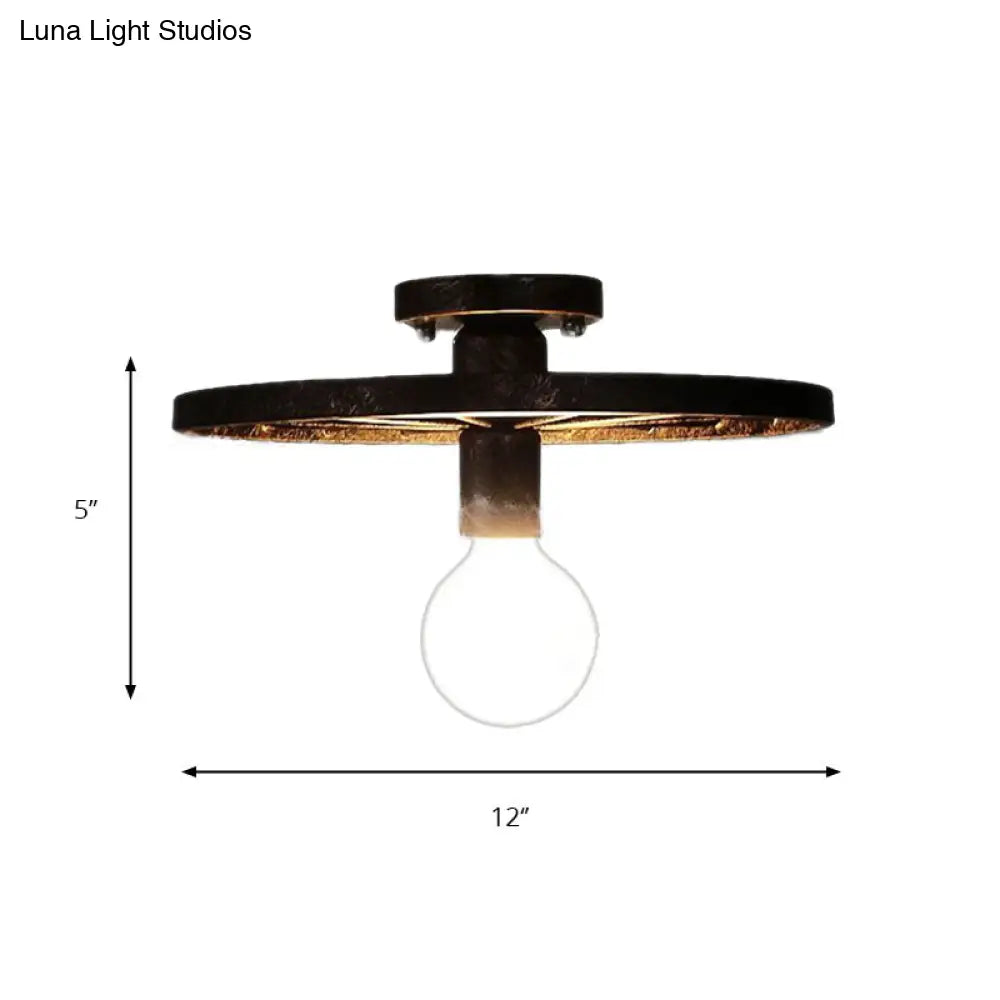 Rustic Brass Finish Semi-Flush Mount Ceiling Light Fixture With Antique Metal Design - 1 Head