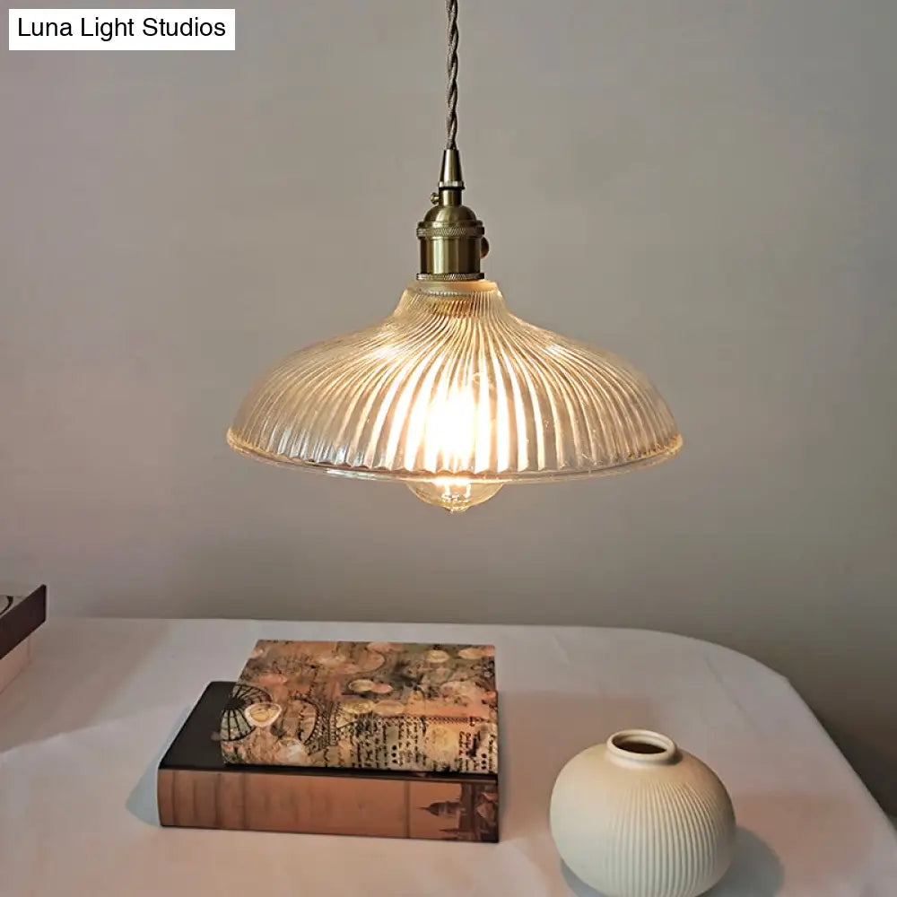 Rustic Brass Pendant Light Fixture With Clear Ribbed Glass Bowl
