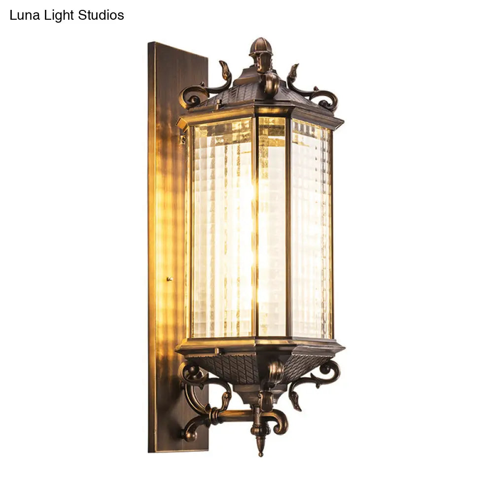 Rustic Brass Rectangle Wall Sconce Light With Clear Gridded Glass - Single Outdoor Small/Large