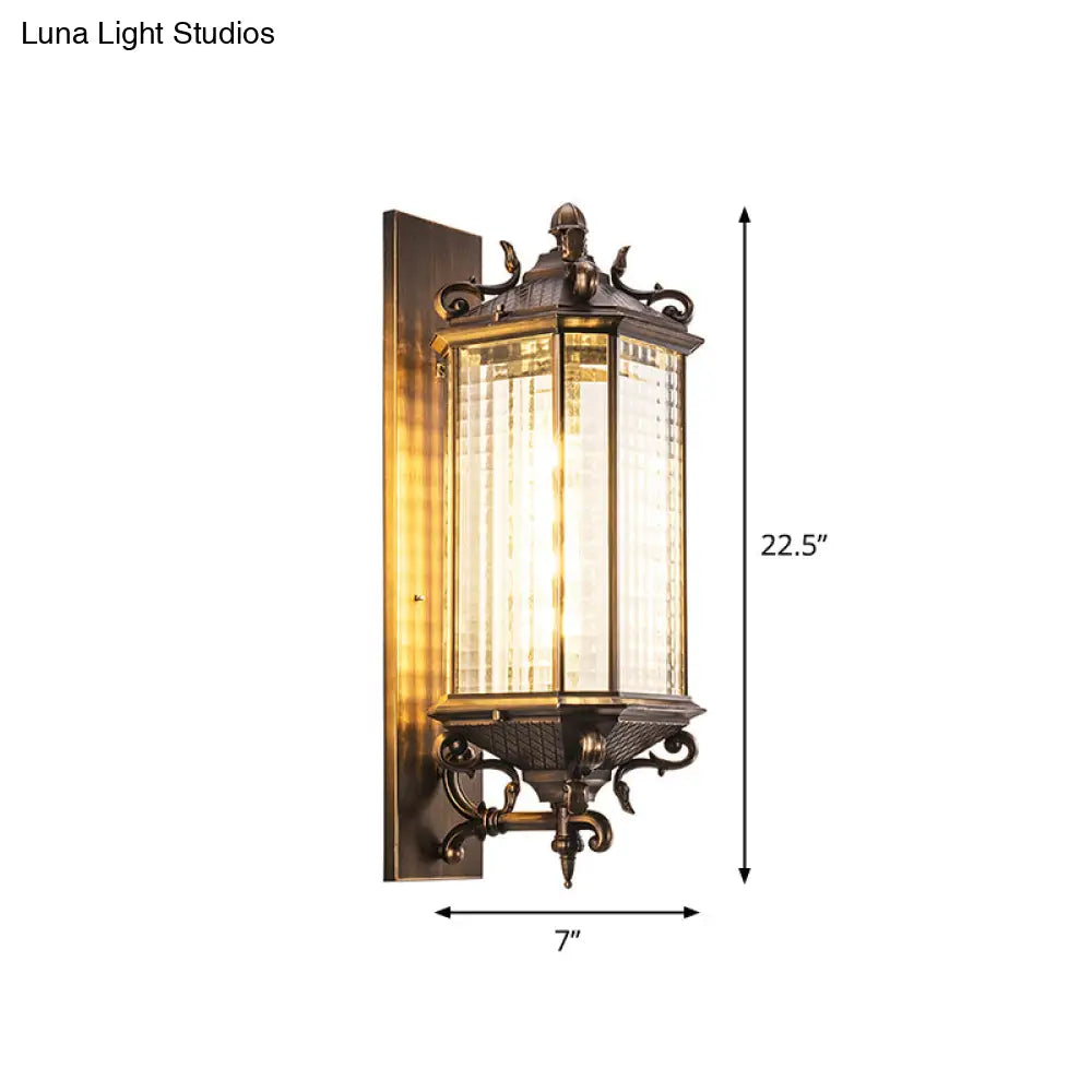 Rustic Brass Rectangle Wall Sconce Light With Clear Gridded Glass - Single Outdoor Small/Large