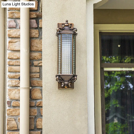 Rustic Brass Rectangle Wall Sconce Light With Clear Gridded Glass - Single Outdoor Small/Large