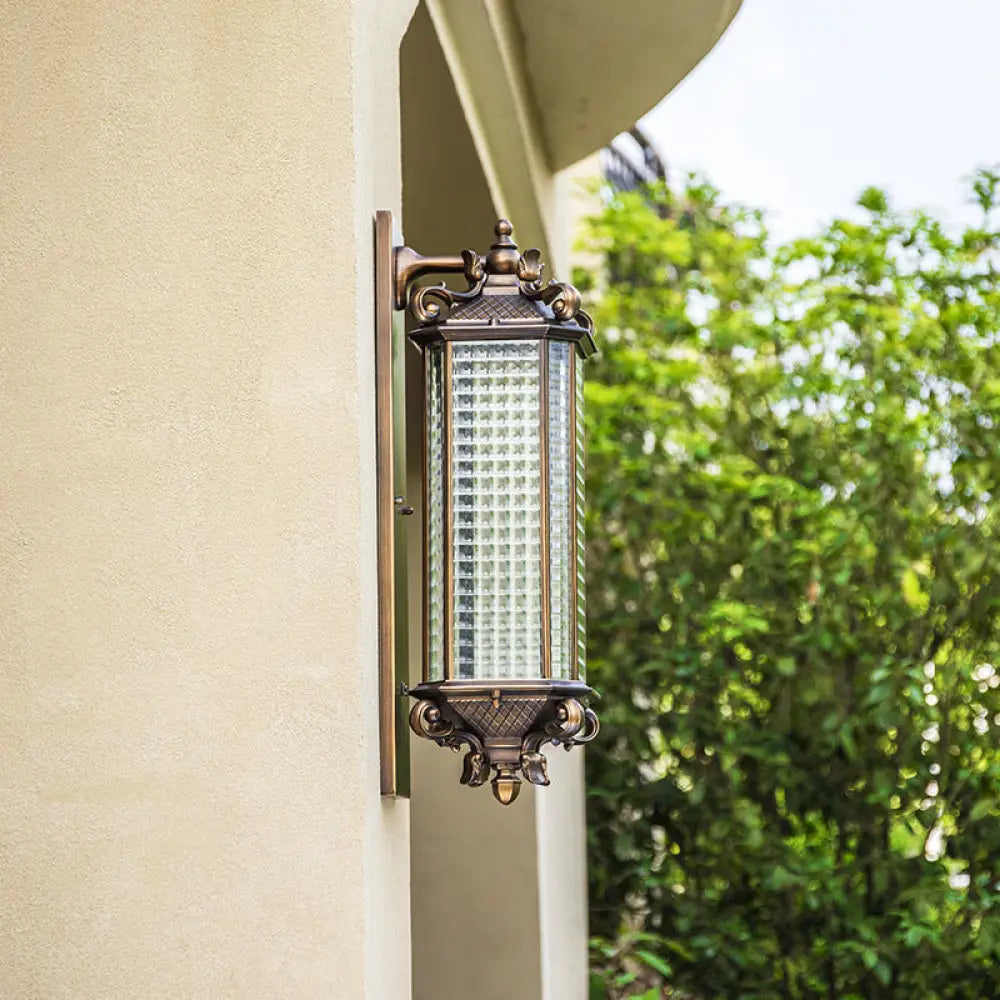 Rustic Brass Rectangle Wall Sconce Light With Clear Gridded Glass - Single Outdoor Small/Large /