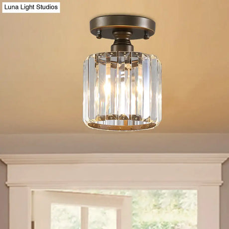 Rustic Brass Semi Flush Mount Ceiling Light With Crystal Shade