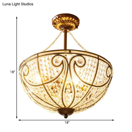 Rustic Bronze Bowl Crystal Ceiling Light - Semi Flush Mount For Bedroom