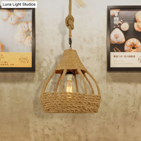 Rustic Brown Balcony Pendant Light Fixture With Rope Dome Shade - Country Style Suspension