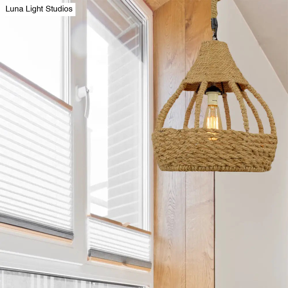 Rustic Brown Rope Dome Pendant Light For Country Balcony Suspension