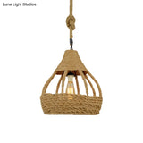 Rustic Brown Balcony Pendant Light Fixture With Rope Dome Shade - Country Style Suspension