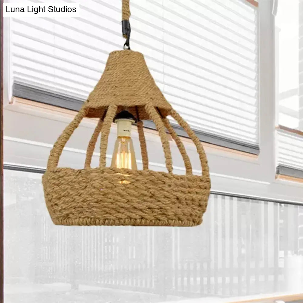Rustic Brown Balcony Pendant Light Fixture With Rope Dome Shade - Country Style Suspension