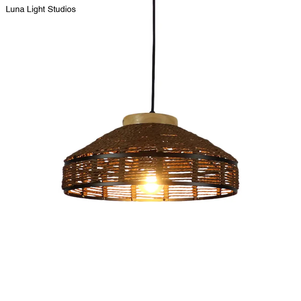 Rustic Brown Barn Shade Pendant Light - Single Woven Rattan Suspension Lamp With Wooden Cap For