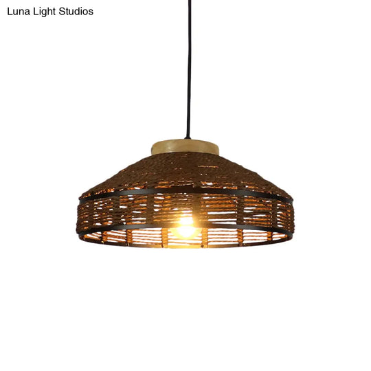 Rustic Brown Barn Shade Pendant Light - Single Woven Rattan Suspension Lamp With Wooden Cap For