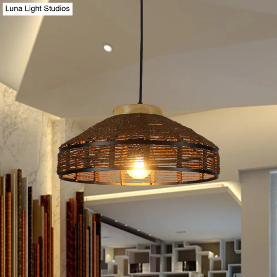 Rustic Brown Barn Shade Pendant Light - Single Woven Rattan Suspension Lamp With Wooden Cap For