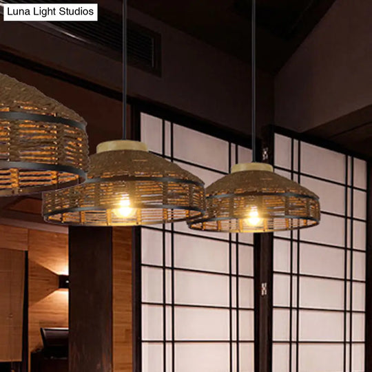Rustic Brown Barn Shade Pendant Light - Single Woven Rattan Suspension Lamp With Wooden Cap For
