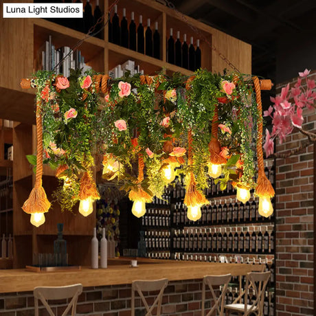 Rustic Brown Hemp Rope Island Light With 10 Exposed Bulbs Plant Decoration