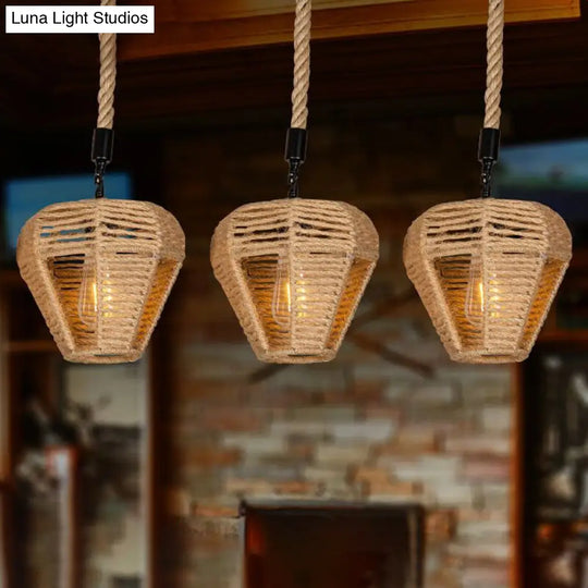 Rustic Brown Hemp Rope Multi Pendant Light Fixture With Inverted Droplet Design - 3/6-Light