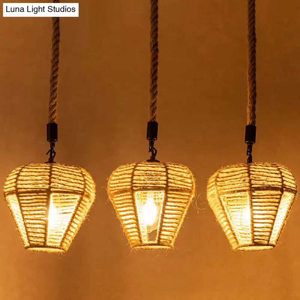 Rustic Brown Hemp Rope Multi Pendant Light Fixture With Inverted Droplet Design - 3/6-Light