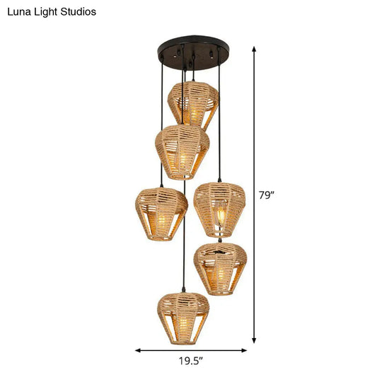 Rustic Brown Hemp Rope Pendant Light Fixture With Inverted Droplets - Multi-Light Option