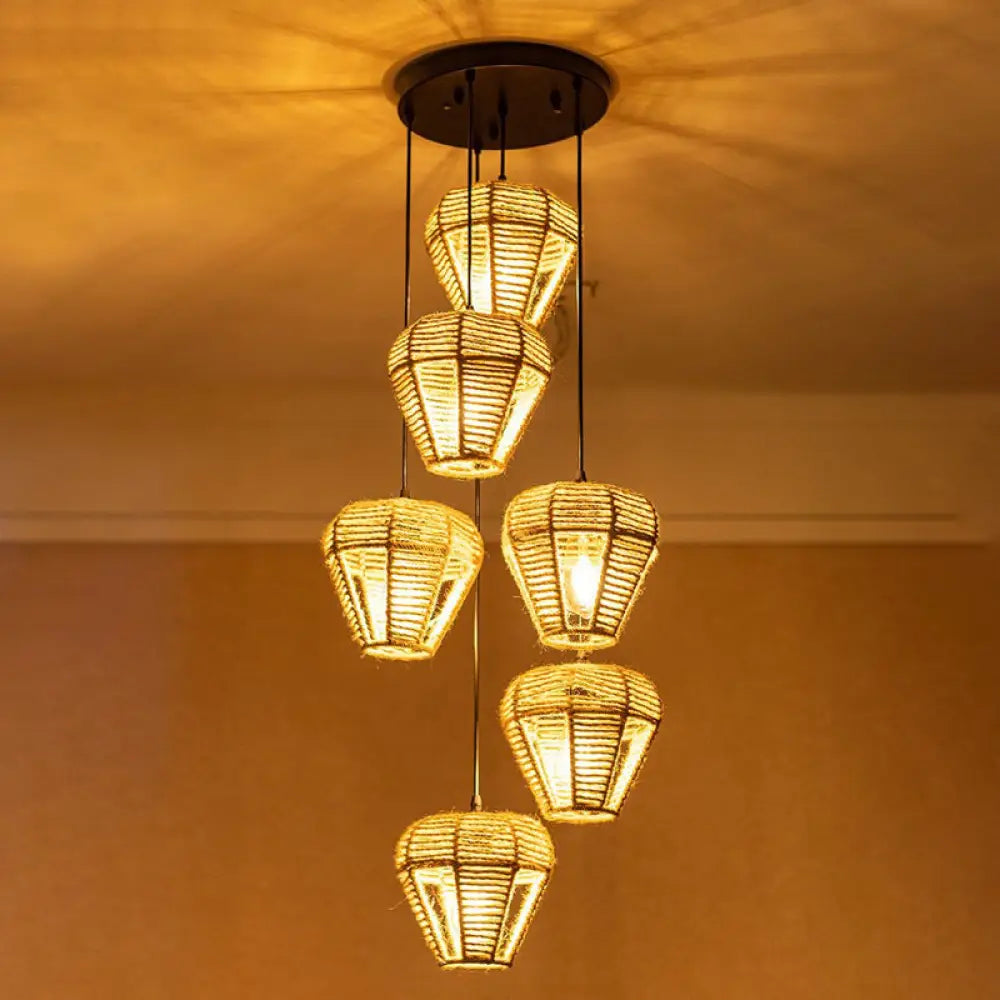 Rustic Brown Hemp Rope Pendant Light Fixture With Inverted Droplets - Multi-Light Option / Round