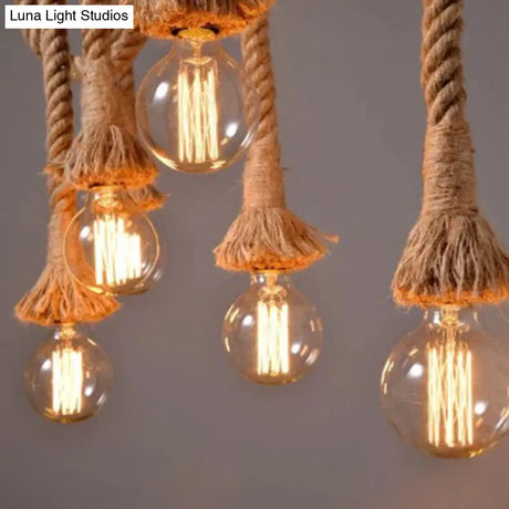 Rustic Brown Island Pendant Light With Rope And Bamboo Pole