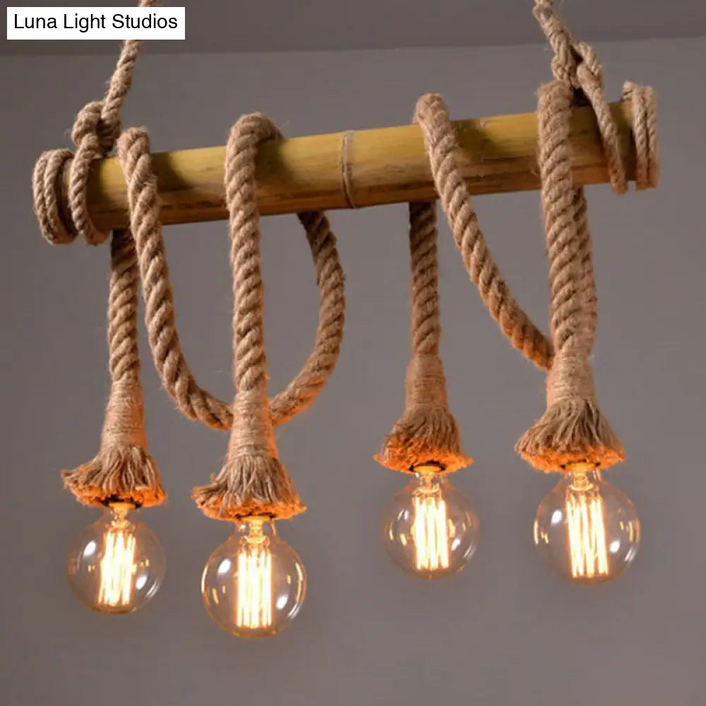 Rustic Brown Island Pendant Light With Rope And Bamboo Pole 4 /