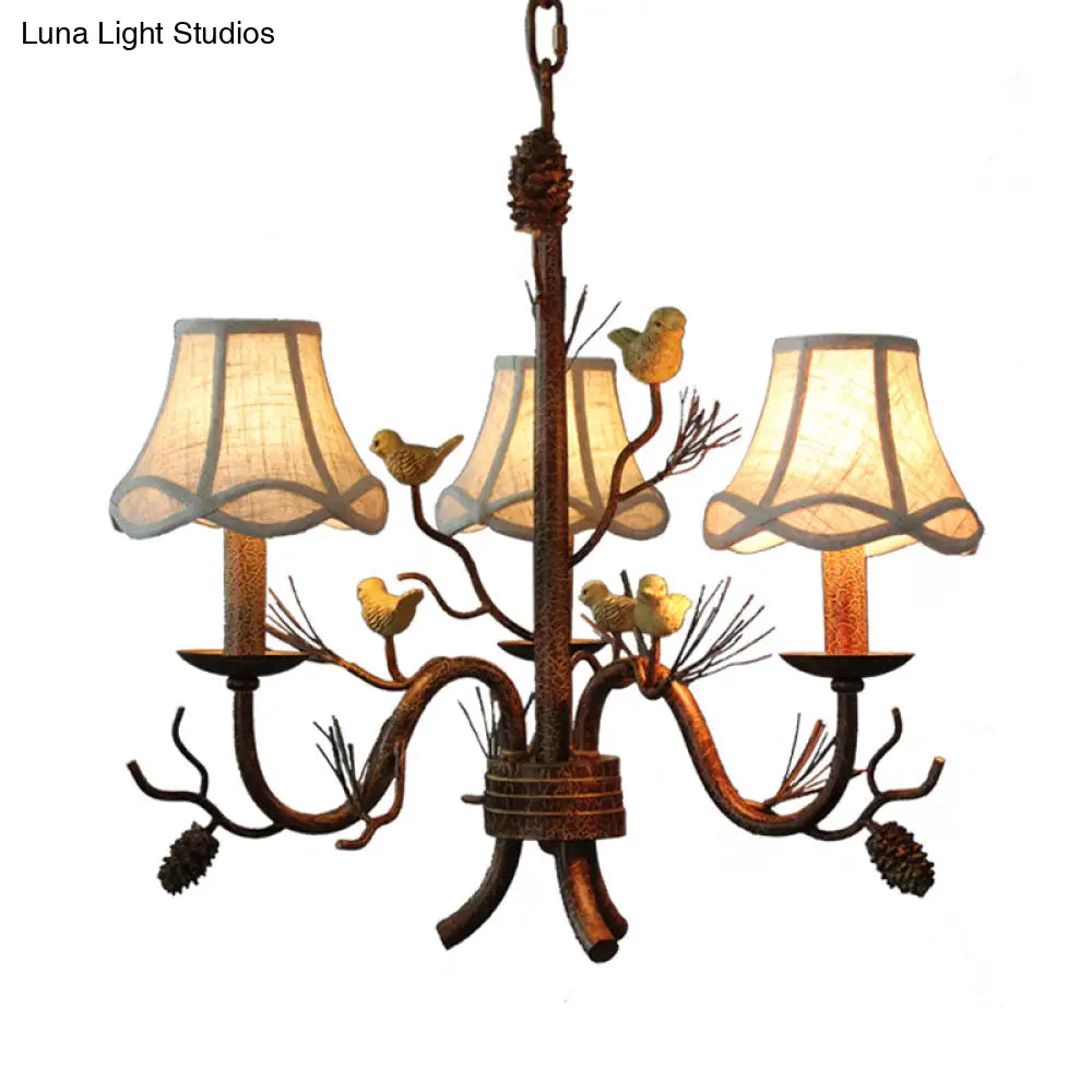 Rustic Brown Metal Pendant Chandelier: Scalloped Hanging Light With Fabric Shade - 3 Lights