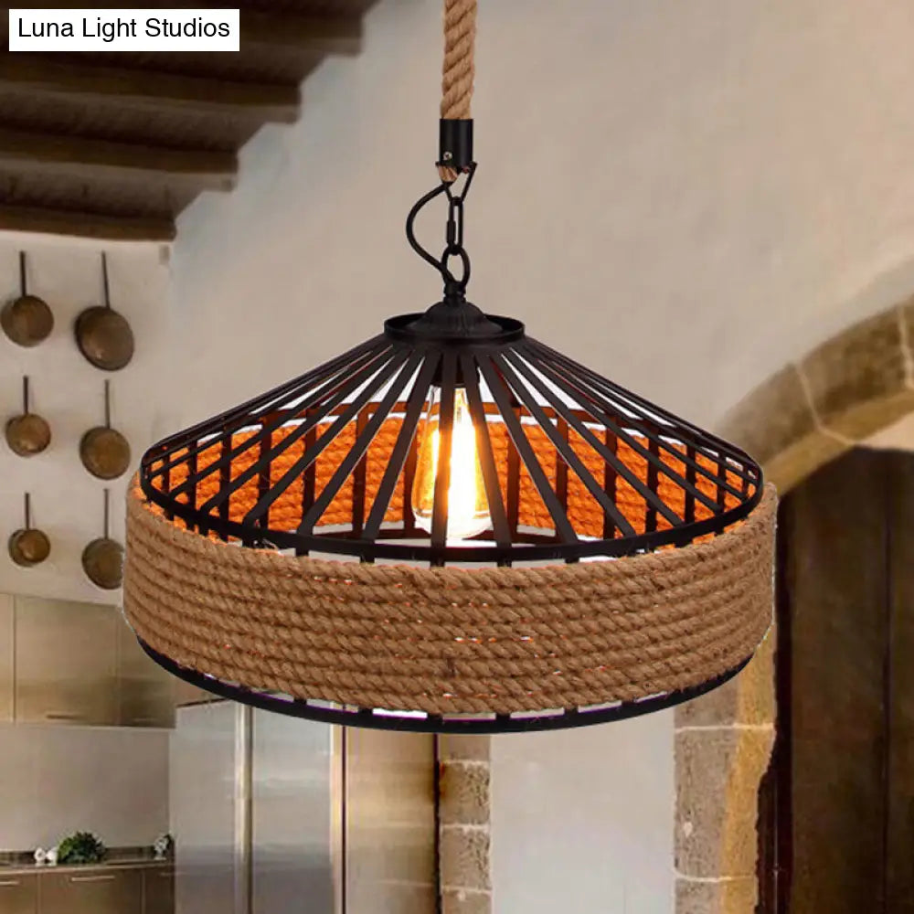 Countryside Roped Barn Pendant Light - Brown 1-Light Ceiling Hanging Fixture For Bistro