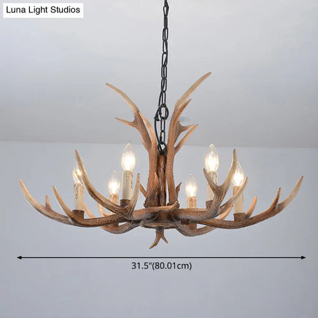 Rustic Brown Resin Antler Chandelier Ceiling Light With Candle Design - Authentic Look
