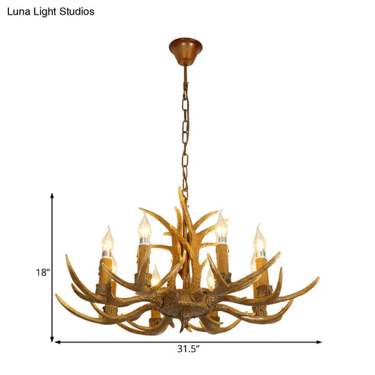Rustic Brown Resin Chandelier With Deer Antler - 4/6/8 Heads Candle Pendant Light For Dining Room