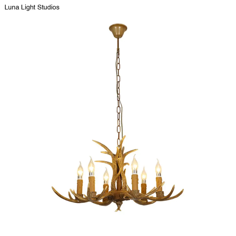 Rustic Brown Resin Chandelier With Deer Antler - 4/6/8 Heads Candle Pendant Light For Dining Room