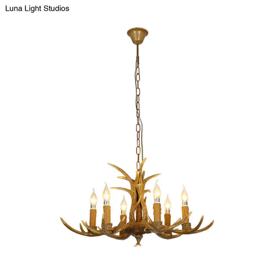 Rustic Brown Resin Chandelier With Deer Antler - 4/6/8 Heads Candle Pendant Light For Dining Room